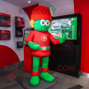 Red Irish Flag mascot costume character dressed with a Jeggings and Digital watches