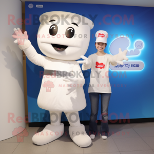 White Miso Soup mascot costume character dressed with a Mom Jeans and Gloves