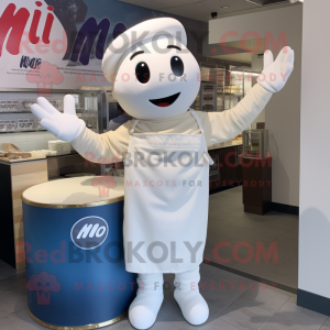White Miso Soup mascot costume character dressed with a Mom Jeans and Gloves