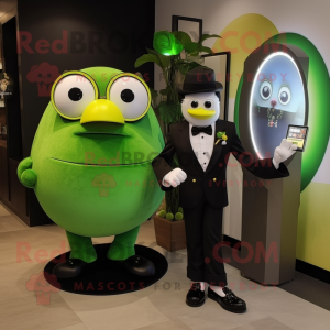 Green Lemon mascot costume character dressed with a Tuxedo and Digital watches