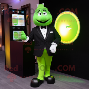 Green Lemon mascot costume character dressed with a Tuxedo and Digital watches