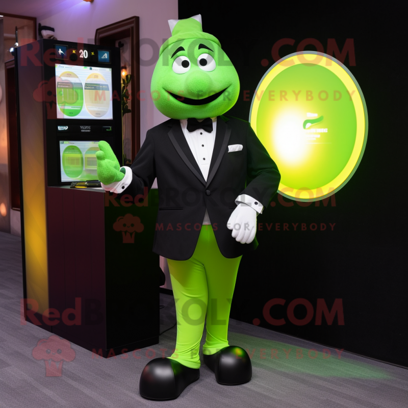 Green Lemon mascot costume character dressed with a Tuxedo and Digital watches