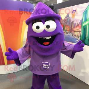 Purple Jambalaya mascot costume character dressed with a Hoodie and Tie pins