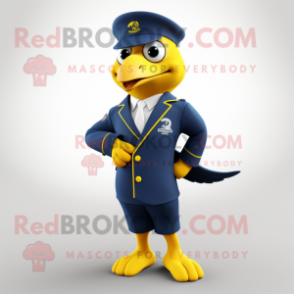 Navy Canary mascot costume character dressed with a Blazer and Rings