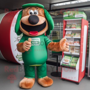 Green Hot Dogs mascot costume character dressed with a Rugby Shirt and Wallets