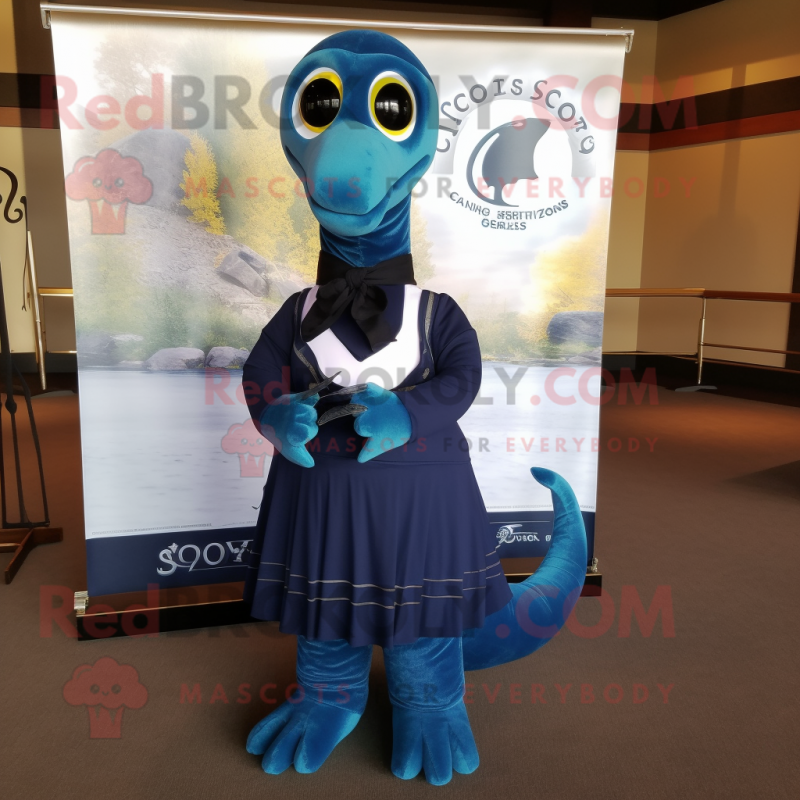 Navy Loch Ness Monster mascot costume character dressed with a Pleated ...