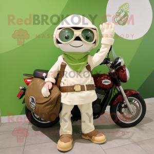 Cream Spinach mascot costume character dressed with a Moto Jacket and Tote bags