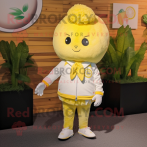 Cream Lemon mascot costume character dressed with a Jacket and Hair clips