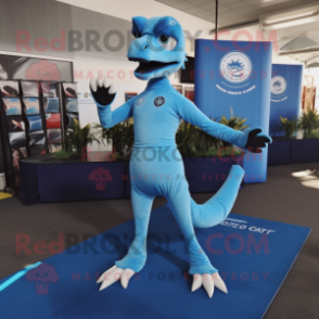 Sky Blue Velociraptor mascot costume character dressed with a Yoga Pants and Tie pins