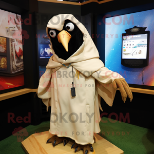 Cream Crow mascot costume character dressed with a Cover-up and Backpacks