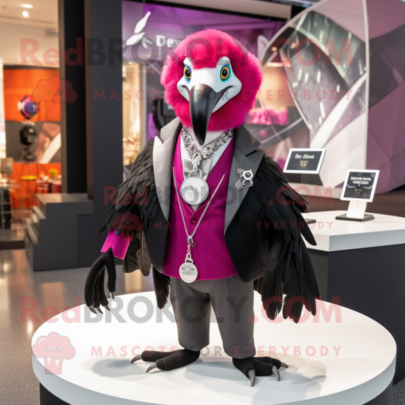 Magenta Vulture mascot costume character dressed with a Tuxedo and Necklaces