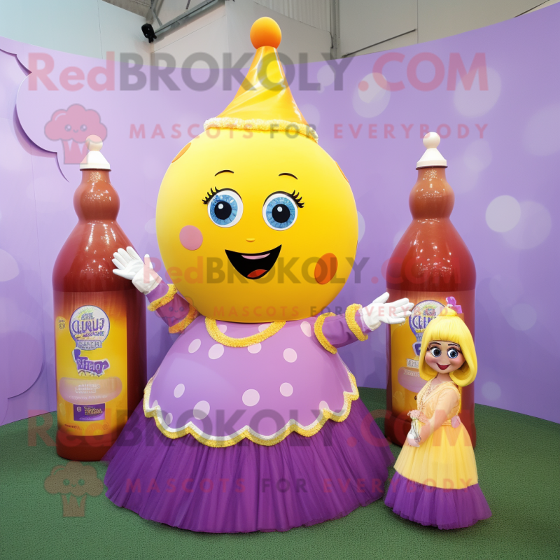 Lavender Bottle Of Mustard mascot costume character dressed with a Ball Gown and Keychains