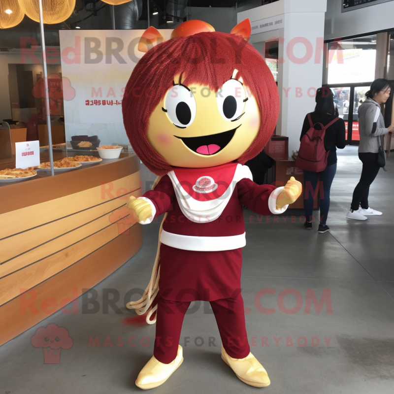 Maroon Ramen mascot costume character dressed with a Jeggings and Shoe clips