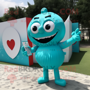 Turquoise Love Letter mascot costume character dressed with a One-Piece Swimsuit and Cufflinks