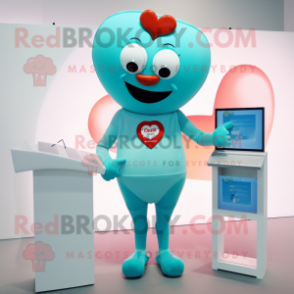 Turquoise Love Letter mascot costume character dressed with a One-Piece Swimsuit and Cufflinks