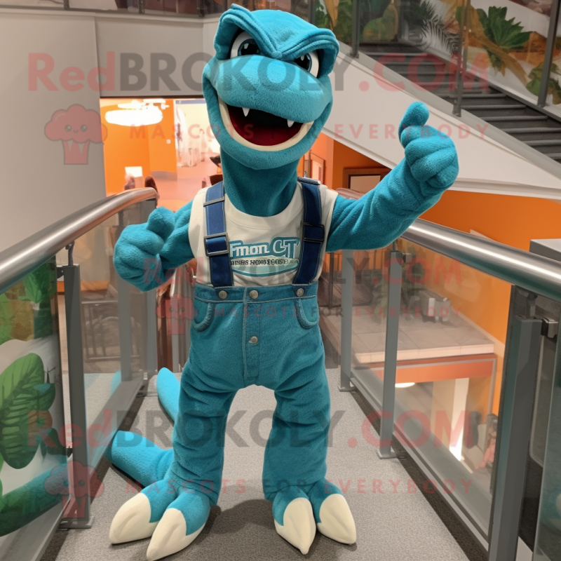 Teal Velociraptor mascot costume character dressed with a Overalls and Keychains