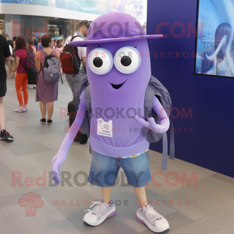 Lavender Squid mascot costume character dressed with a Denim Shorts and Backpacks