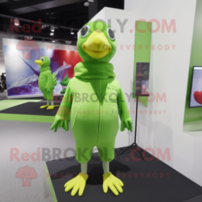 Lime Green Pigeon mascot costume character dressed with a Turtleneck and Earrings