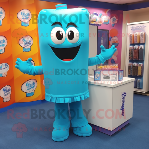 Cyan Candy Box mascot costume character dressed with a Cover-up and Suspenders