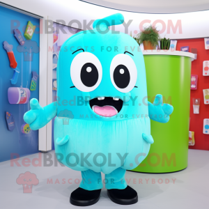 Cyan Candy Box mascot costume character dressed with a Cover-up and Suspenders