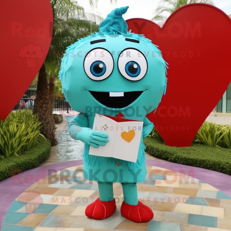 Turquoise Love Letter mascot costume character dressed with a Button-Up Shirt and Belts