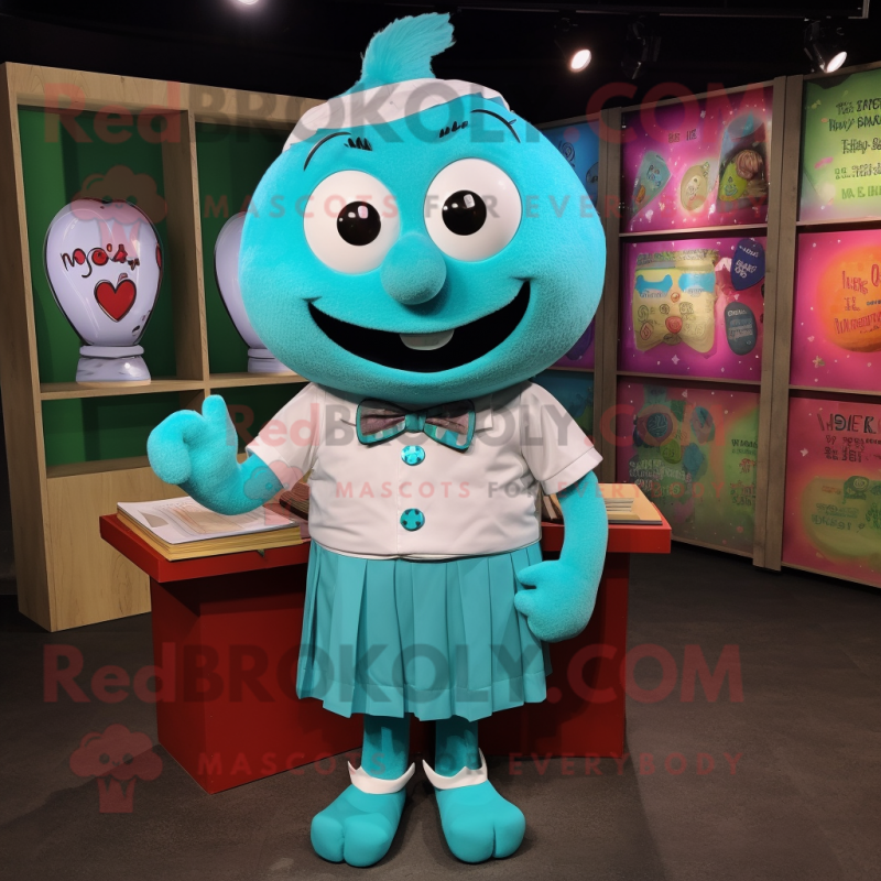 Turquoise Love Letter mascot costume character dressed with a Button-Up Shirt and Belts