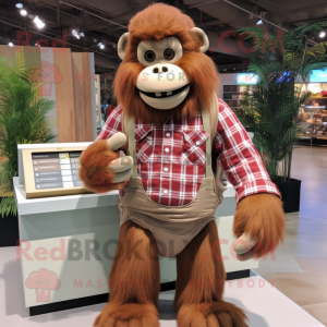 Beige Orangutan mascot costume character dressed with a Flannel Shirt and Wallets