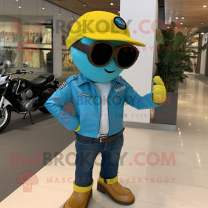 Turquoise Lemon mascot costume character dressed with a Biker Jacket and Sunglasses