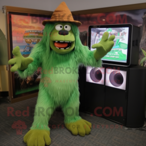 Green Sasquatch mascot costume character dressed with a Capri Pants and Hat pins