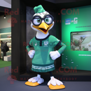 Green Gull mascot costume character dressed with a Rugby Shirt and Eyeglasses