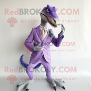 Lavender Velociraptor mascot costume character dressed with a Suit Jacket and Shoe clips