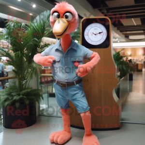 Peach Flamingo mascot costume character dressed with a Denim Shirt and Digital watches