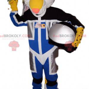 Gele luipaard mascotte in biker-outfit. Luipaard kostuum. -