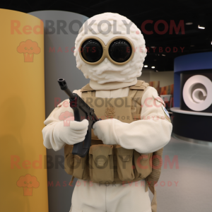 Cream Sniper mascot costume character dressed with a Vest and Rings