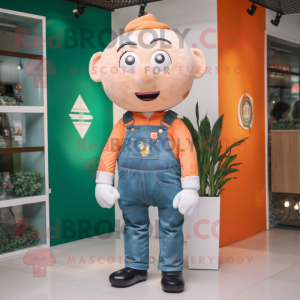 Peach Irish Flag mascot costume character dressed with a Denim Shirt and Suspenders