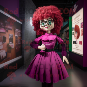 Magenta Irish Dancer mascot costume character dressed with a Blouse and Eyeglasses