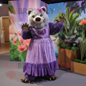 Lavender Sloth Bear mascot costume character dressed with a Maxi Skirt and Earrings