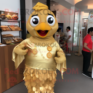 Gold Butter Chicken mascot costume character dressed with a Shorts and Lapel pins
