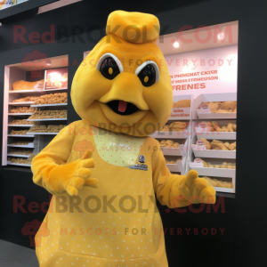 Gold Butter Chicken mascot costume character dressed with a Shorts and Lapel pins
