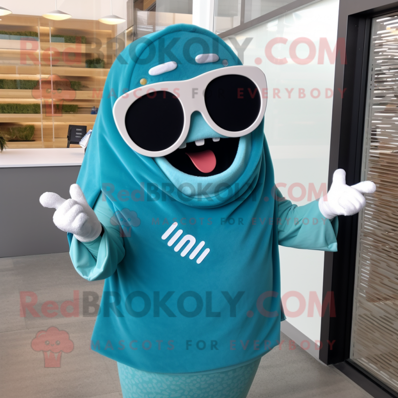 Cyan Enchiladas mascot costume character dressed with a Sweatshirt and Sunglasses