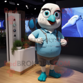 Cyan Dove mascot costume character dressed with a Cargo Shorts and Smartwatches