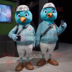 Cyan Dove mascot costume character dressed with a Cargo Shorts and Smartwatches