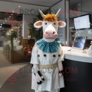 White Guernsey Cow mascot costume character dressed with a Blouse and Clutch bags