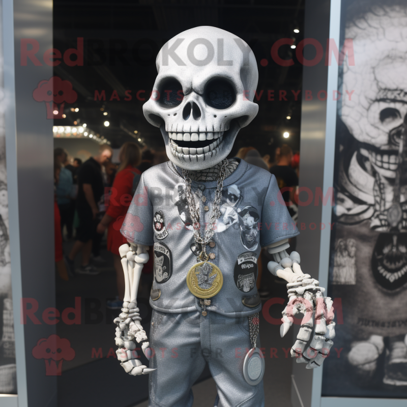 Silver Skull mascot costume character dressed with a Henley Shirt and Keychains
