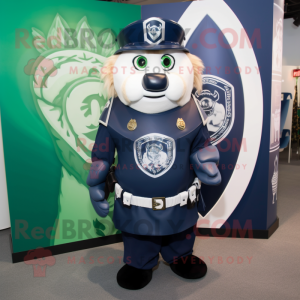 Navy Celtic Shield mascot costume character dressed with a Shift Dress and Backpacks