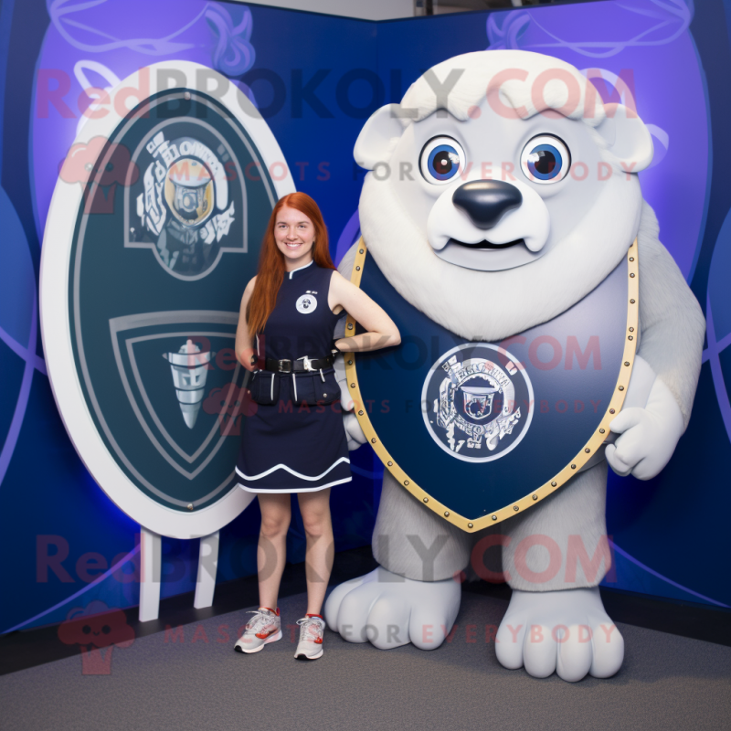 Navy Celtic Shield mascot costume character dressed with a Shift Dress and Backpacks