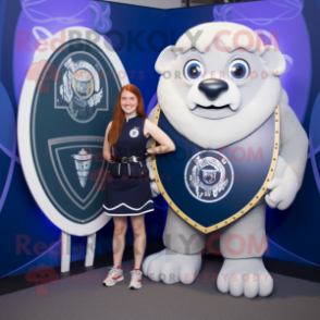 Navy Celtic Shield mascot costume character dressed with a Shift Dress and Backpacks