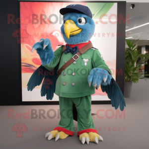 Green Falcon mascot costume character dressed with a Flare Jeans and Berets