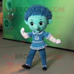 Cyan Irish Dancer mascot costume character dressed with a Jeans and Pocket squares