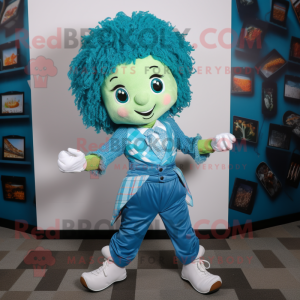 Cyan Irish Dancer mascot costume character dressed with a Jeans and Pocket squares